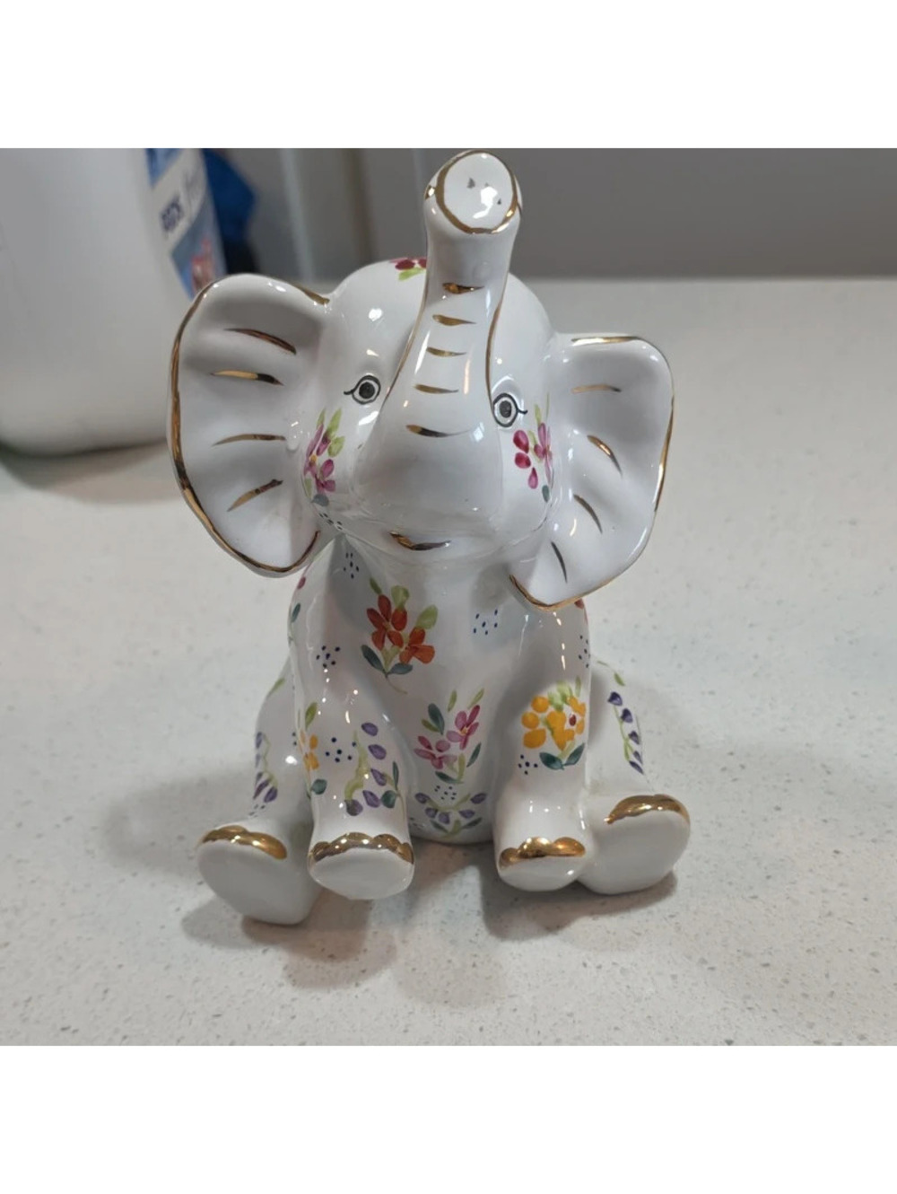 Hand-Painted Ceramic Elephant Figurine with Floral Design and Gold Accents